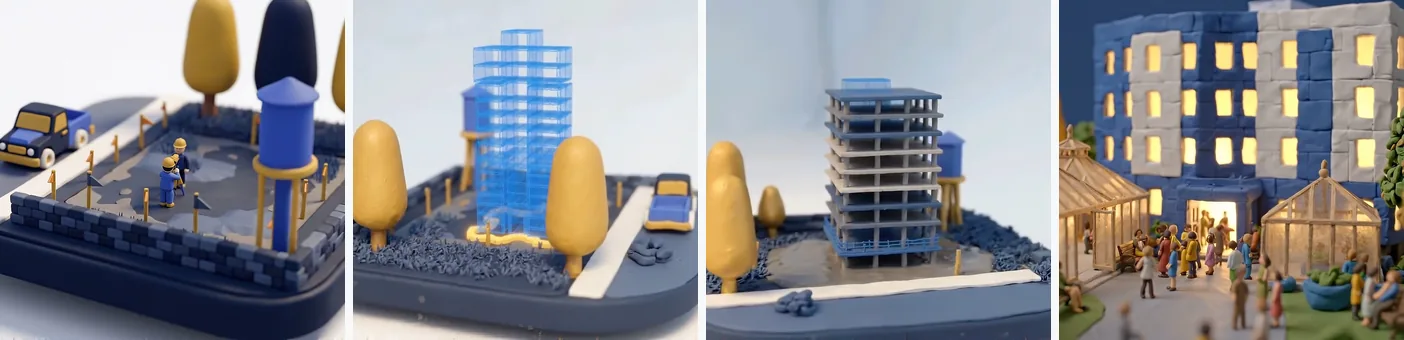 A miniature model of the same plot of land at four stages: empty with survey stakes, the building as a translucent blueprint volume, the concrete structure rising, and the finished building lit at dusk with people arriving.